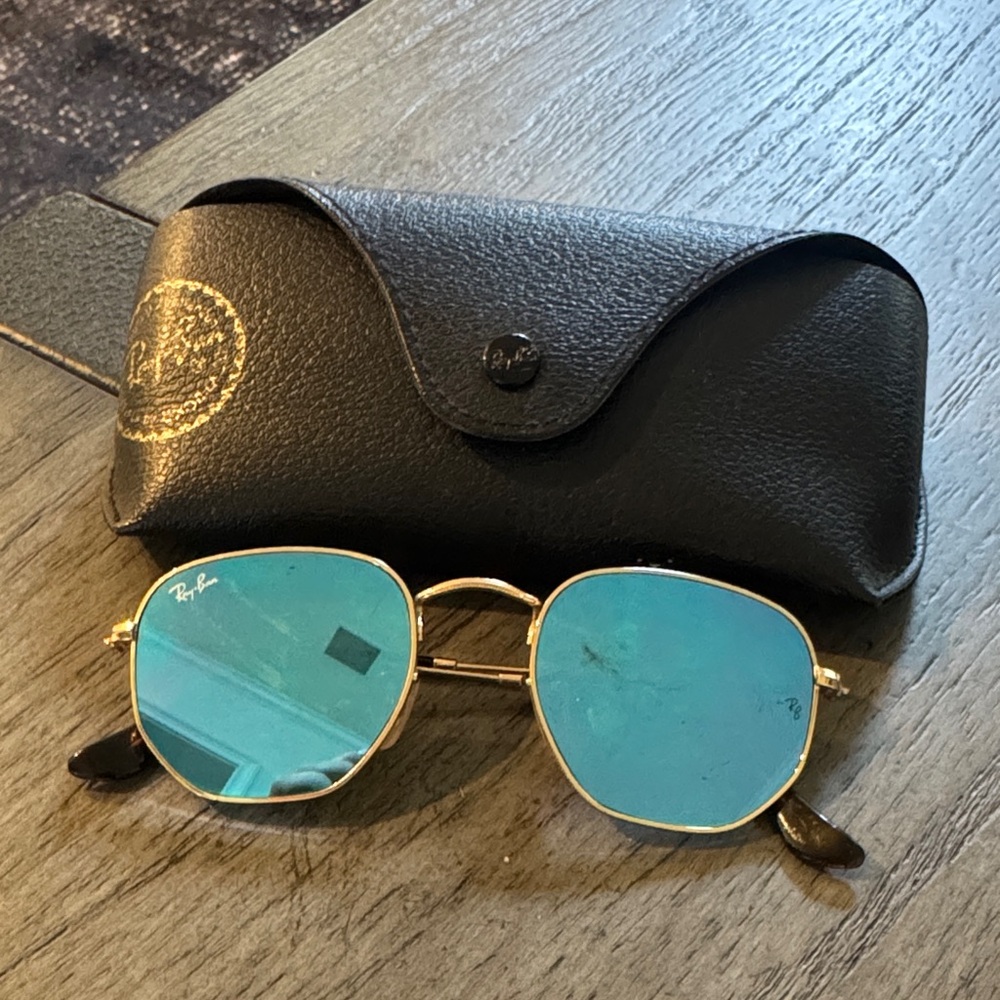 Ray-Ban Gold Frame Sunglasses with Blue Mirrors